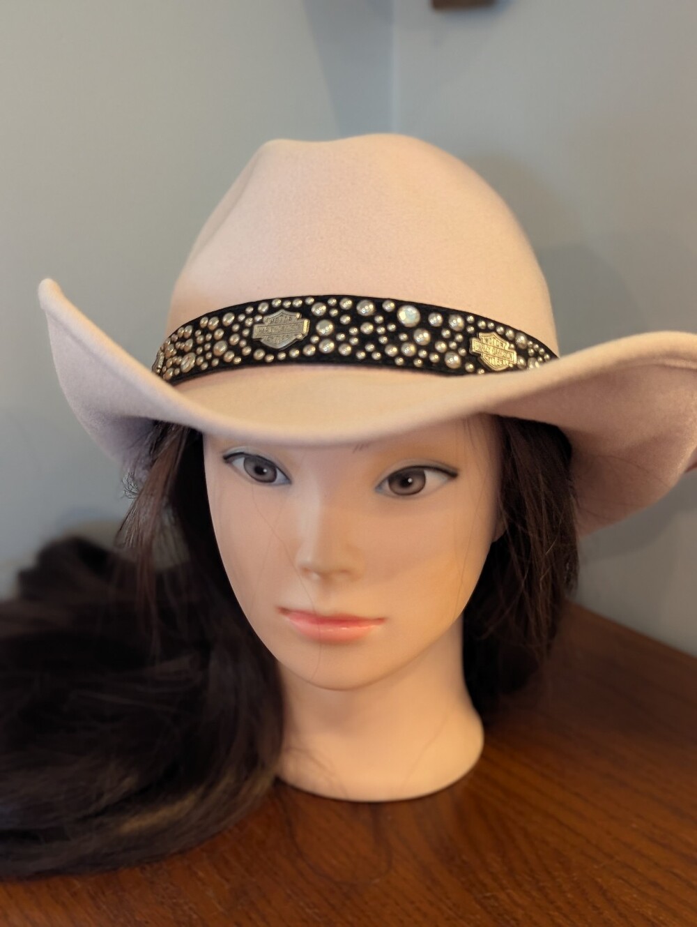Harley Davidson Pale Pink Wool Cowboy Hat with Studded Black Band  Women's L